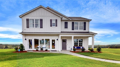 The Carol Plan, our model home for Mallard Landing boasts a beautiful two-story home with white siding with just over 2,500 square feet, this beautiful two- story home offers 5-bedrooms with 3-bathrooms, and a 2-car garage with a gorgeous open floor layout.
