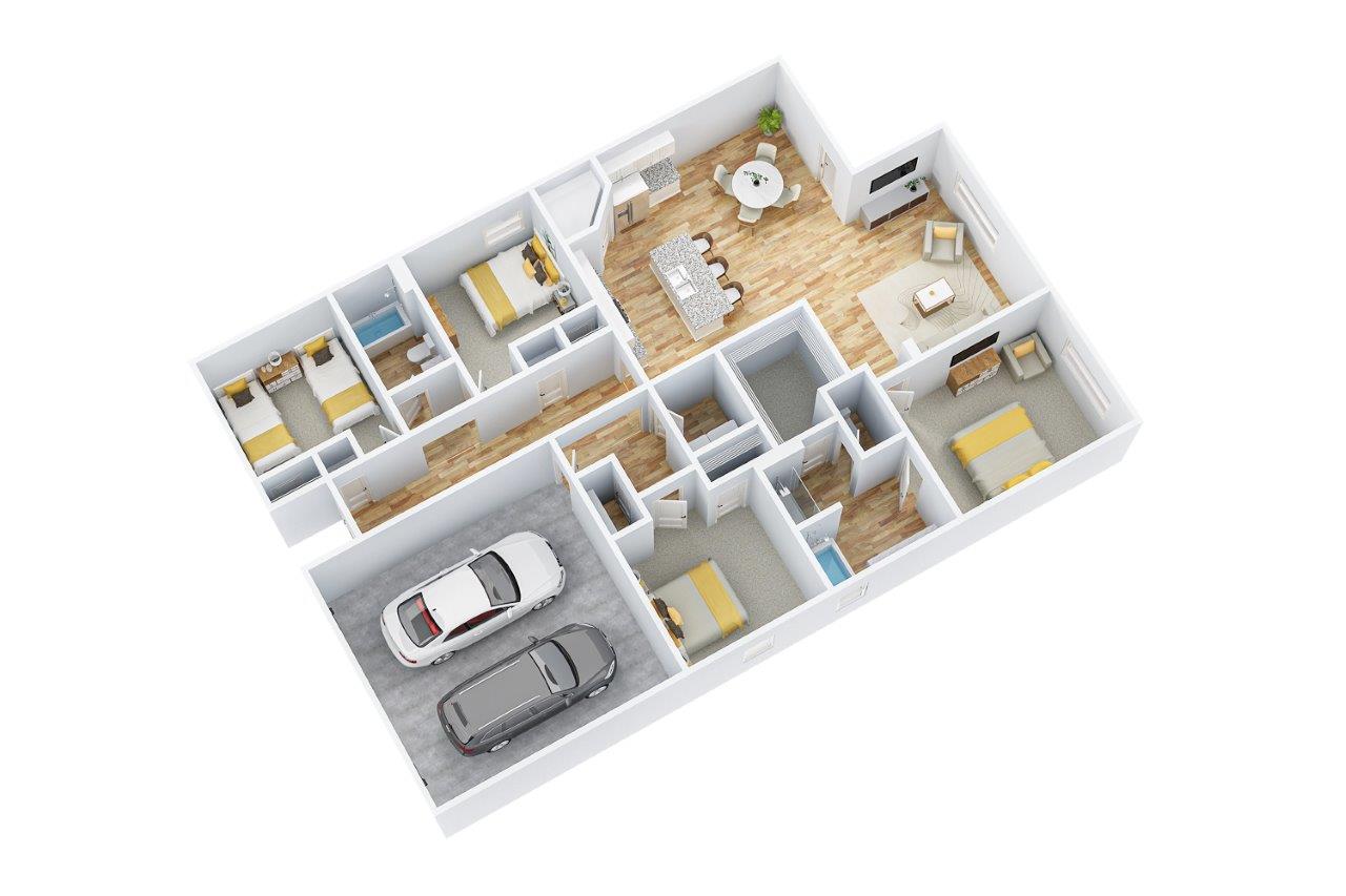 Rhett floorplan elevation 3D Floorplan with furniture located throughout the home