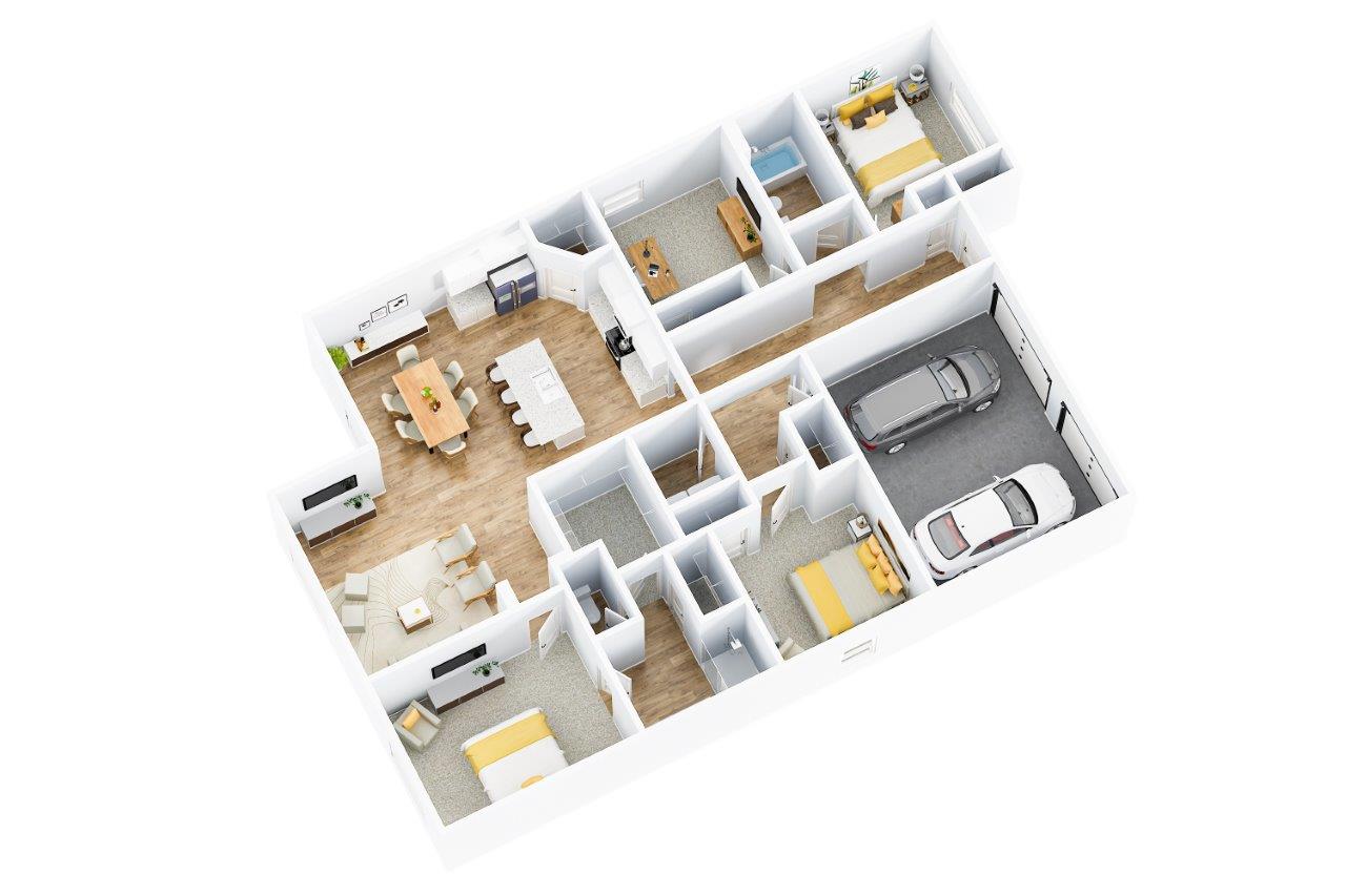 Cali-Floorplan-3D- Floorplan with furniture located throughout the home