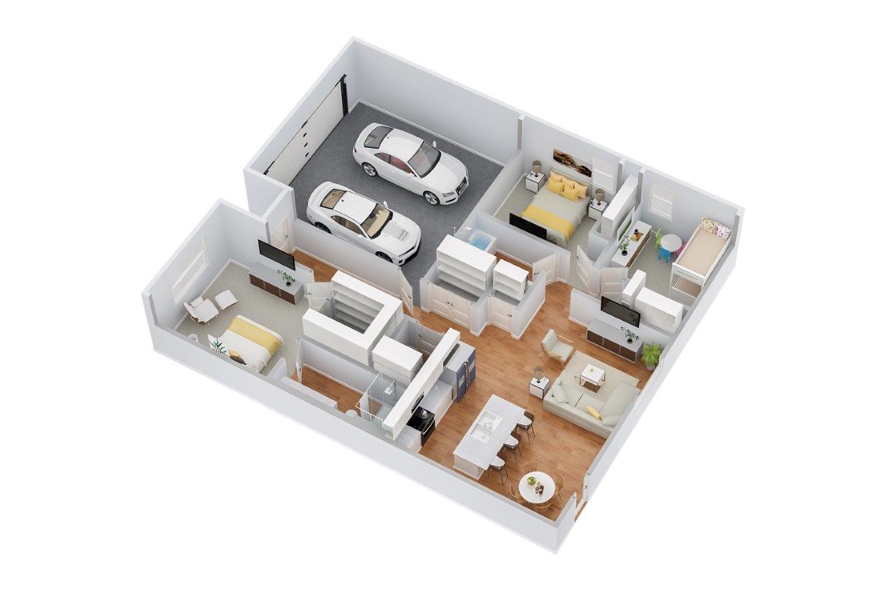 Aldridge -Floorplan-3D- Floorplan with furniture located throughout the home