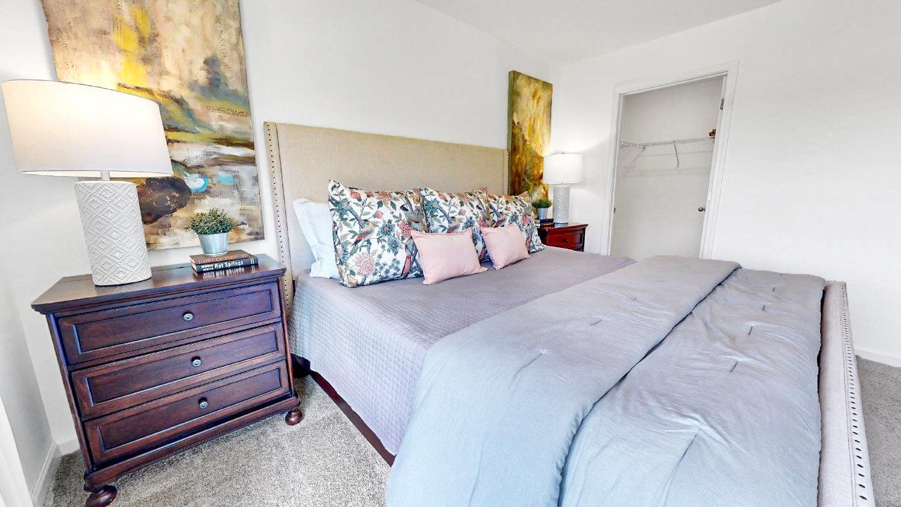 Large primary bedroom with an large king bed and double window