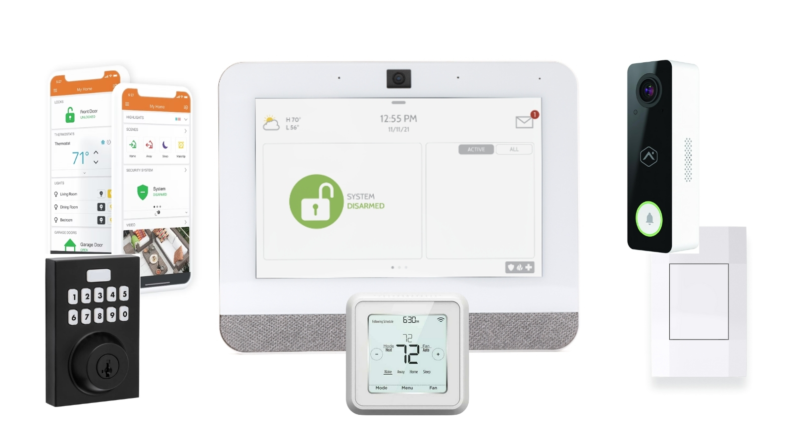 Smart Home Package-   Visual of two smartphones featuring the Alarm.com app.   Picture of the doorbell cam associated with the alarm.com app, black sleek doorbell cam.   Picture of an amazon echo pop with blue light signaling Alexa.   Picture of a Deako brand smart light switch.   Image of a smart thermostat system on a wall.   Image of a Kwikset branded locking mechanism.   A collective image of the entire smart home package with the previous images.   Disclosure that reads: Note: Pictures depict a similar completed home floorplan and elevation, but it is not the actual home for sale. Features, colors, finishes & options may differ from what’s shown.