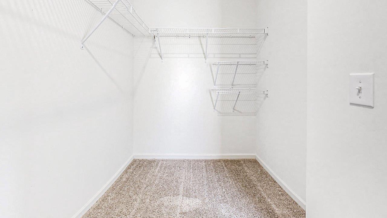 Primary bedroom closet if off of the primary bathroom and shows a large walk-in closet with carpet and wire shelving