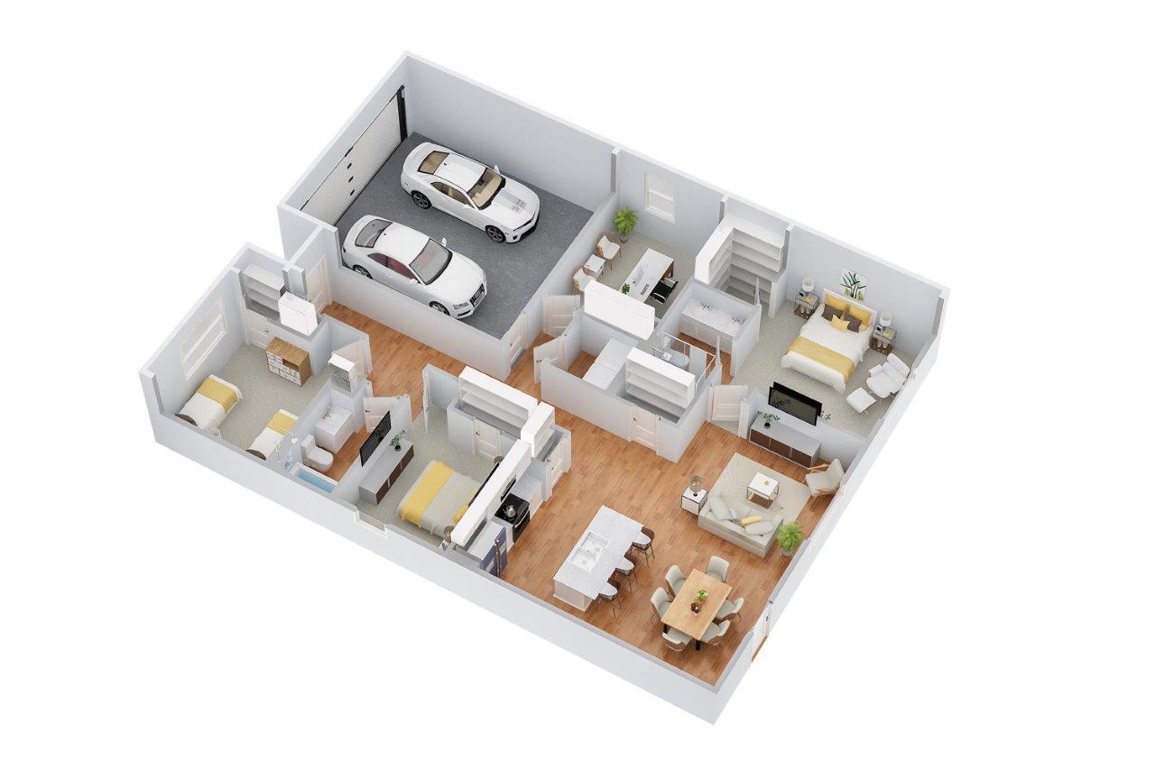 Freeport -Floorplan-3D- Floorplan with furniture located throughout the home