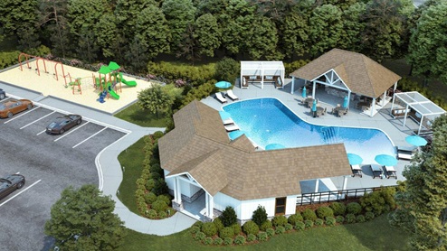chelsea acres - coming soon - amenities - pool with a pool house and a playground right next to it with a shared parking lot