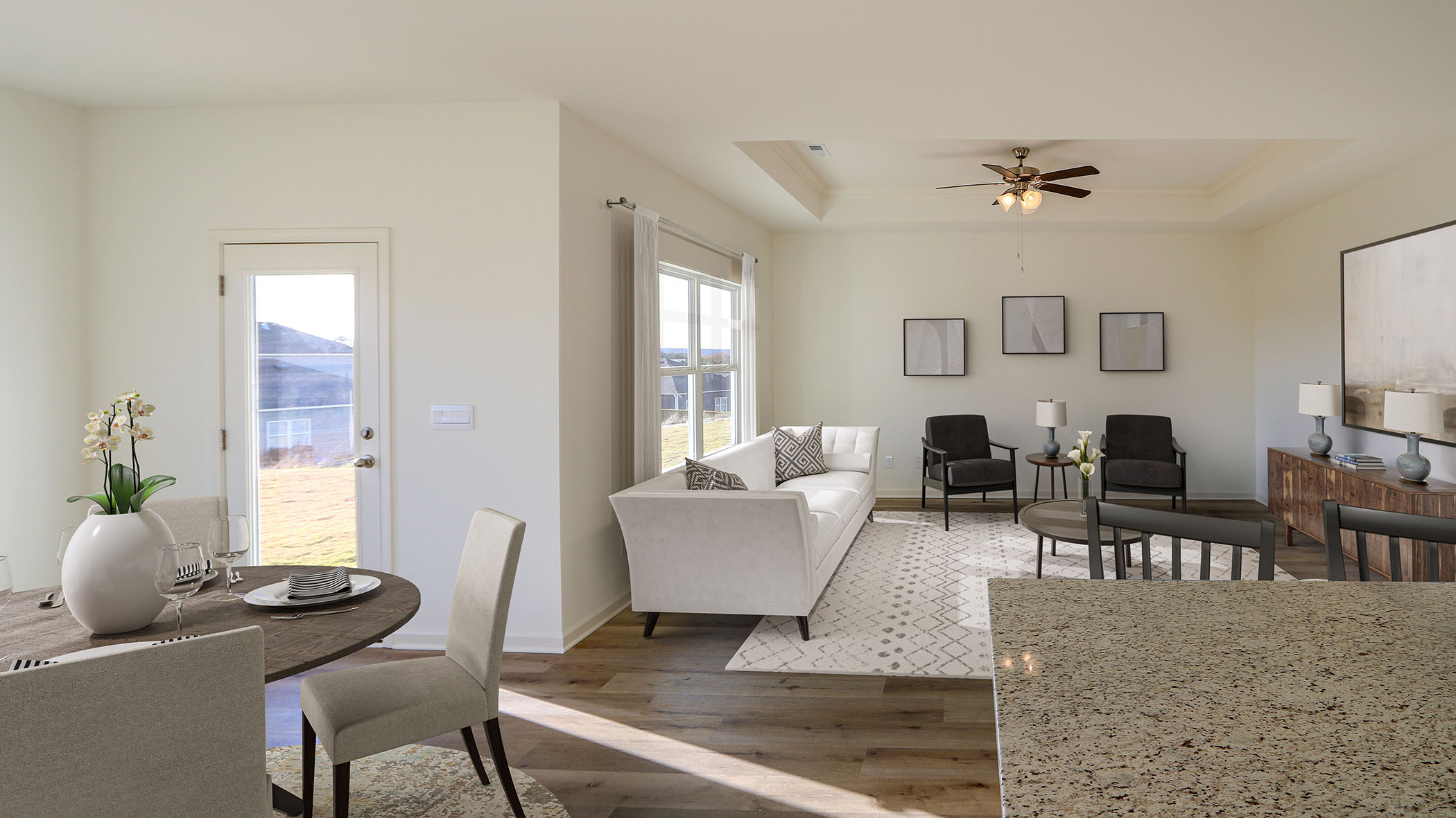 A cozy kitchen and dining area featuring modern appliances and a welcoming table set for a meal.