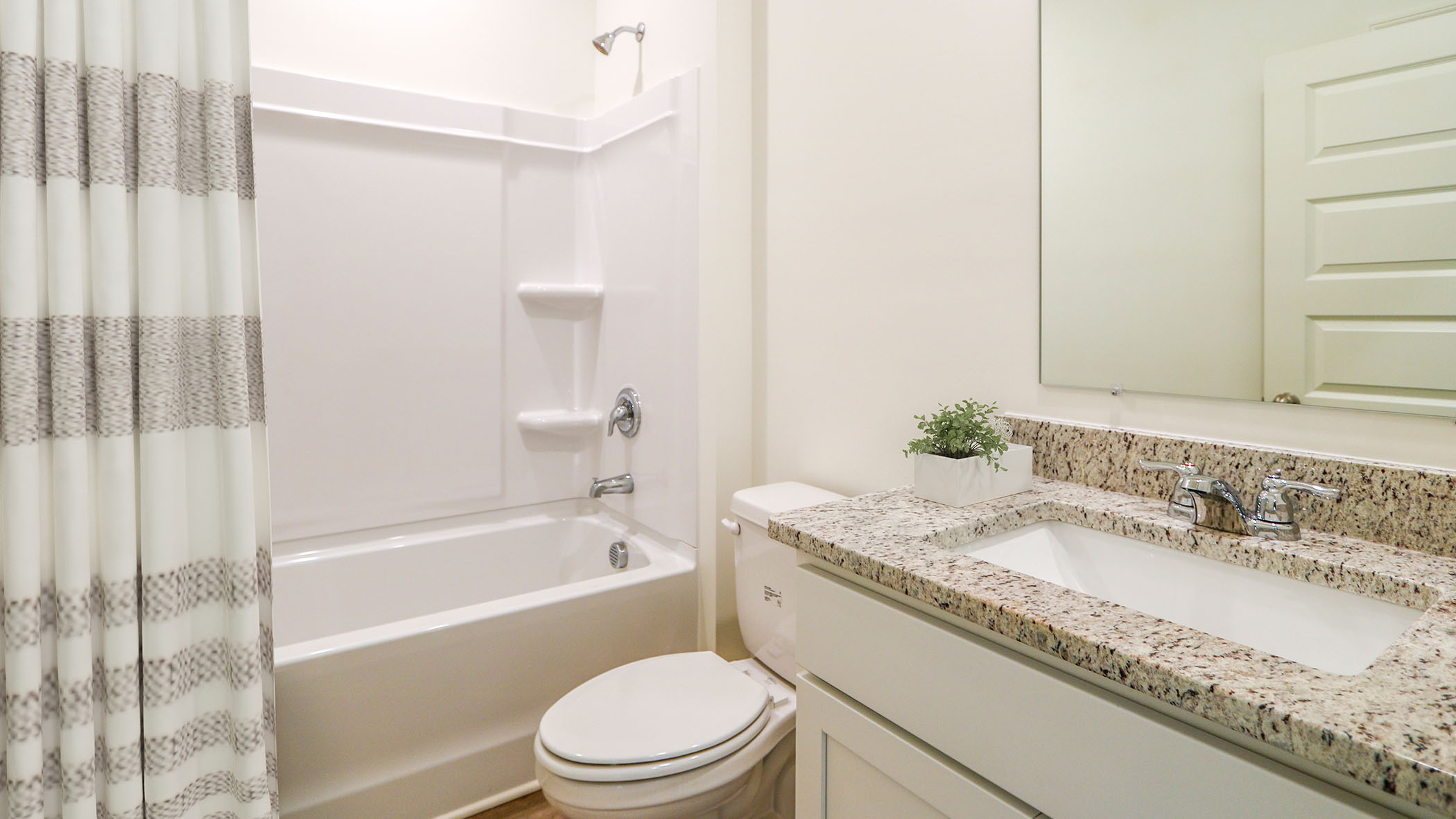 A bathroom featuring a shower curtain and a toilet, showcasing a clean and organized space for personal hygiene.