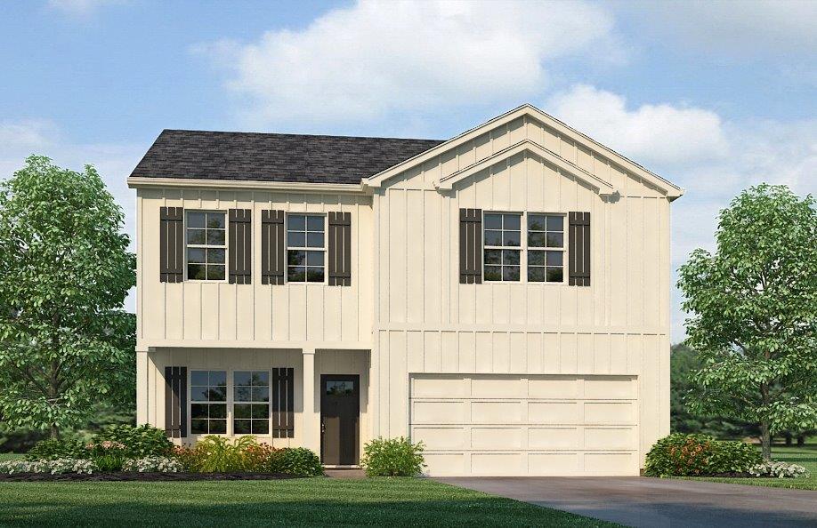 white 2 story home with a 2 car garage elevation A1