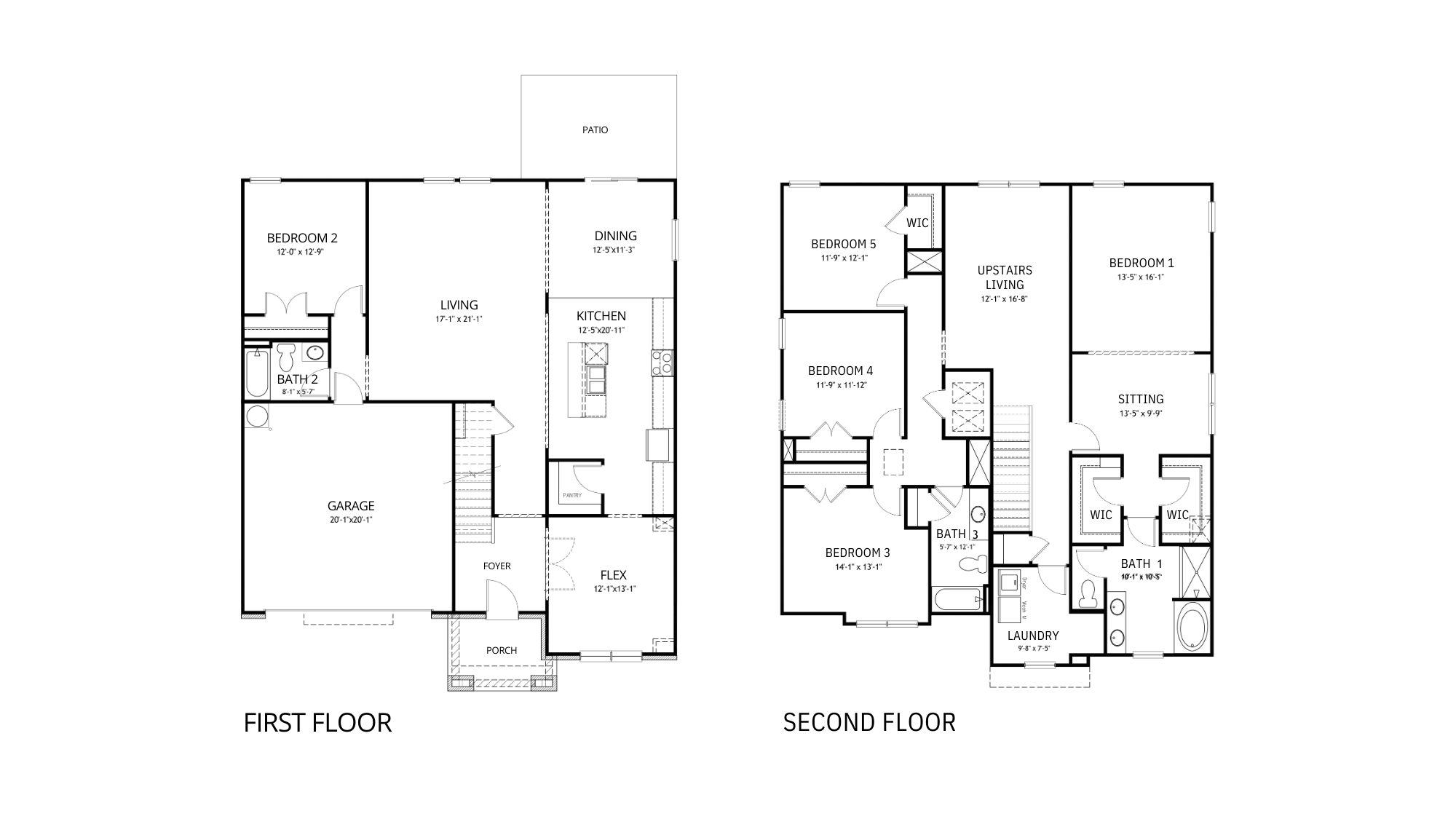 A top-down view of the Halton floorplan, spanning two floors and 3,200 square feet. Featuring 5 bedrooms, 3 bathrooms, and a 2-car garage.