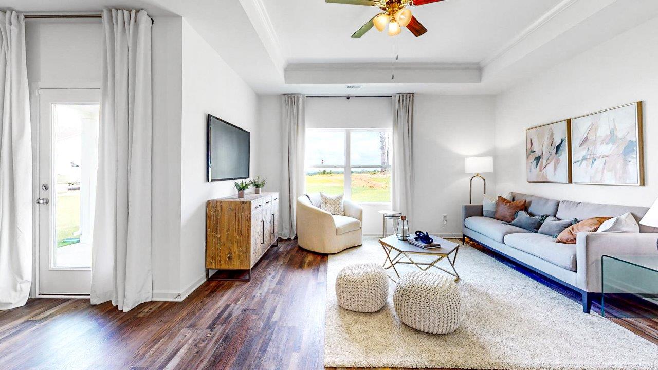 Large living room features trey ceilings with a couch, media consol and big windows