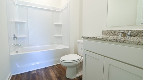 The bathroom features a wood finish floor and modern cabinets and countertops.