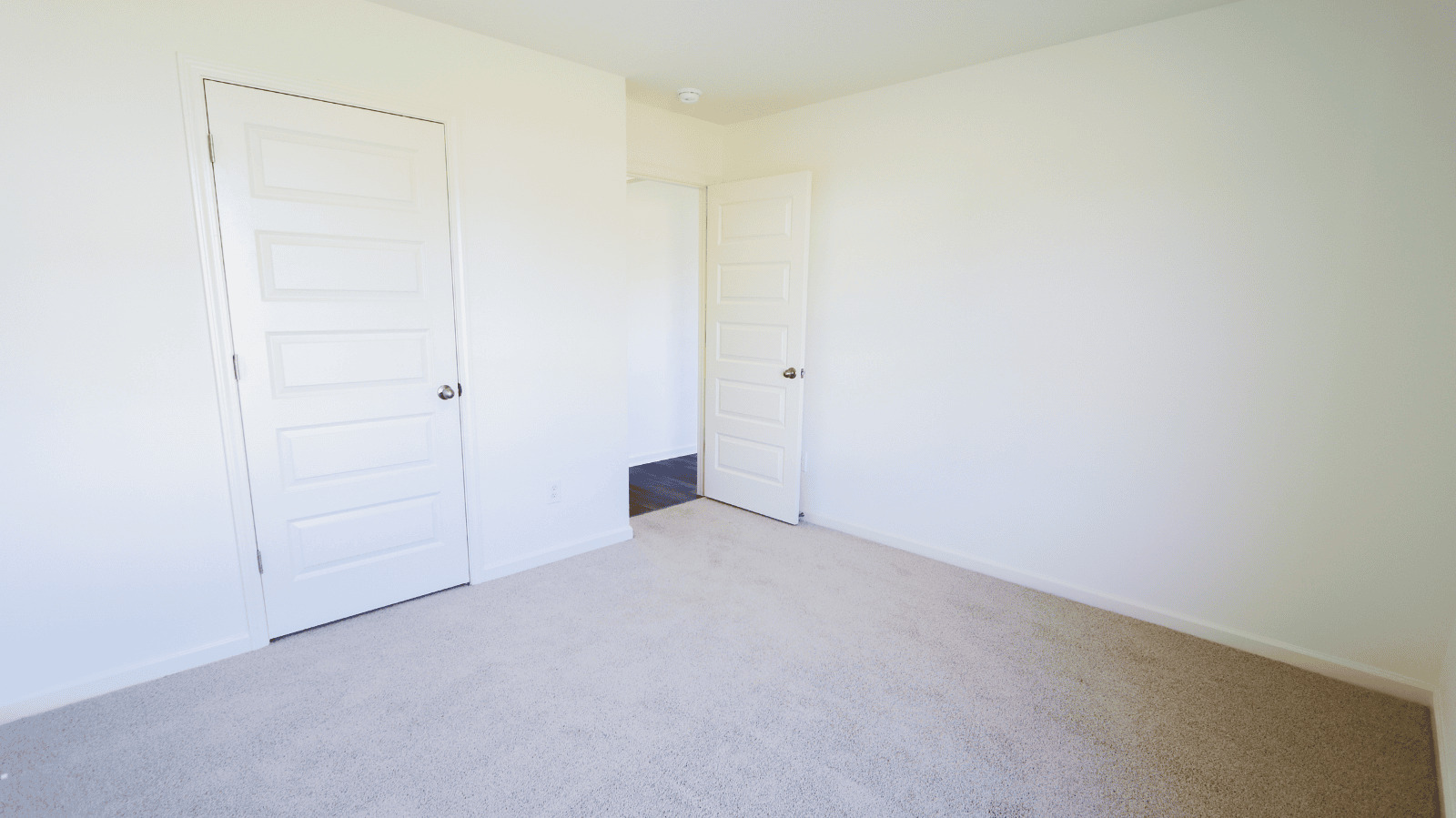 Empty room with light beige carpet, two white doors, and plain white walls, ideal for personalizing a living space