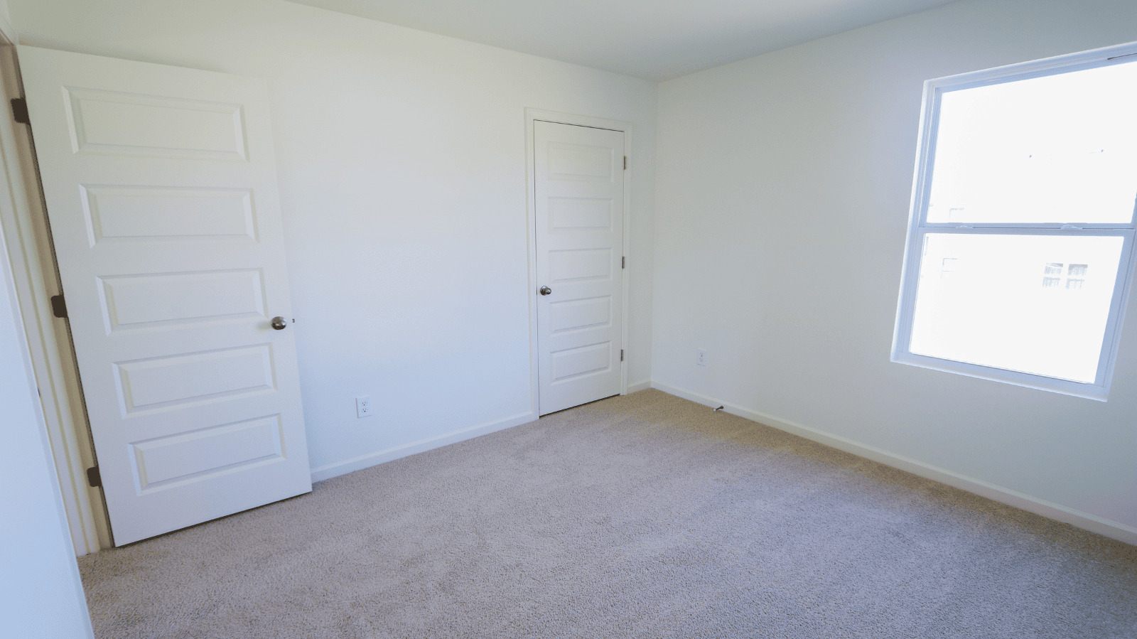 Empty bedroom featuring two doors and a window, showcasing beige carpet and white walls for a minimalist look.