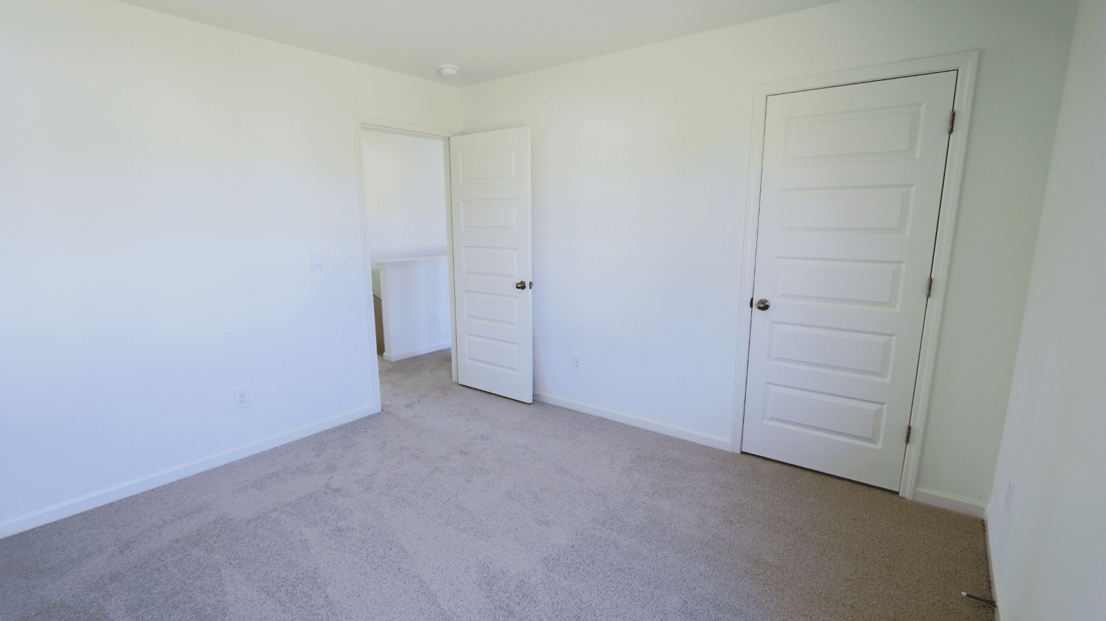 Empty, well-lit room featuring beige carpet and two closed doors, ideal for a bedroom or office space.