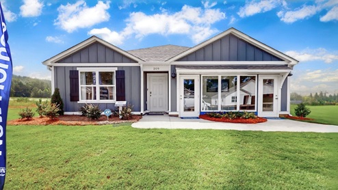 A modern, single-story house with blue siding and wooden accents, surrounded by greenery and a clear blue sky.