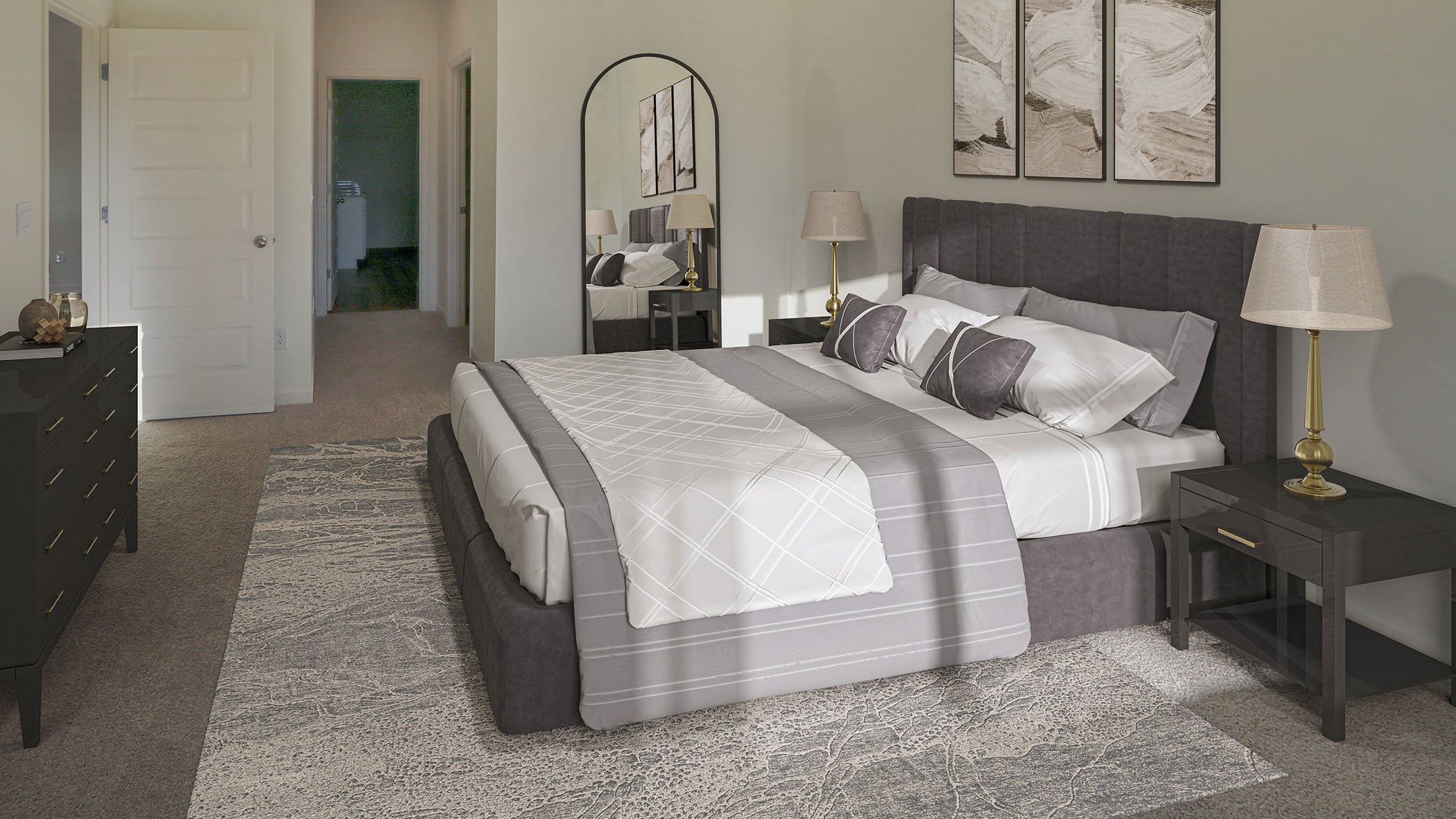 A cozy bedroom featuring a neatly made bed, a stylish dresser, and a decorative mirror reflecting the room's ambiance.