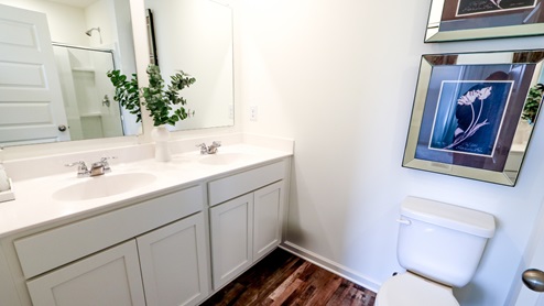 Freeport – Primary Bathroom – the primary bathroom features a double sink vanity, toilet and tub shower