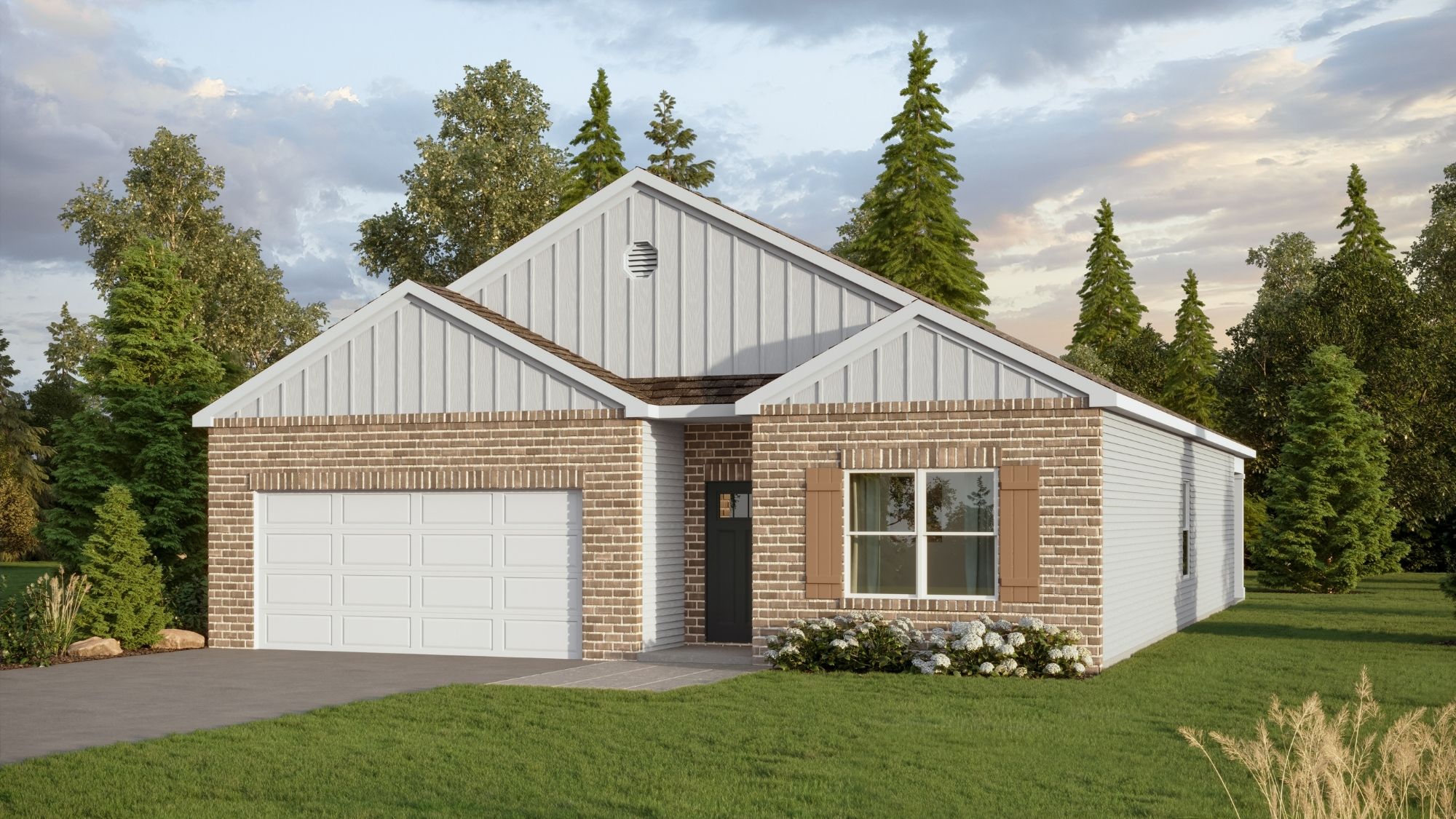 The single story Cali plan has a two car garage.