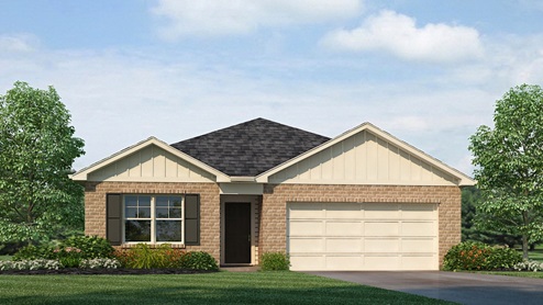 The Aldridge plan is a single story home with a two car garage.