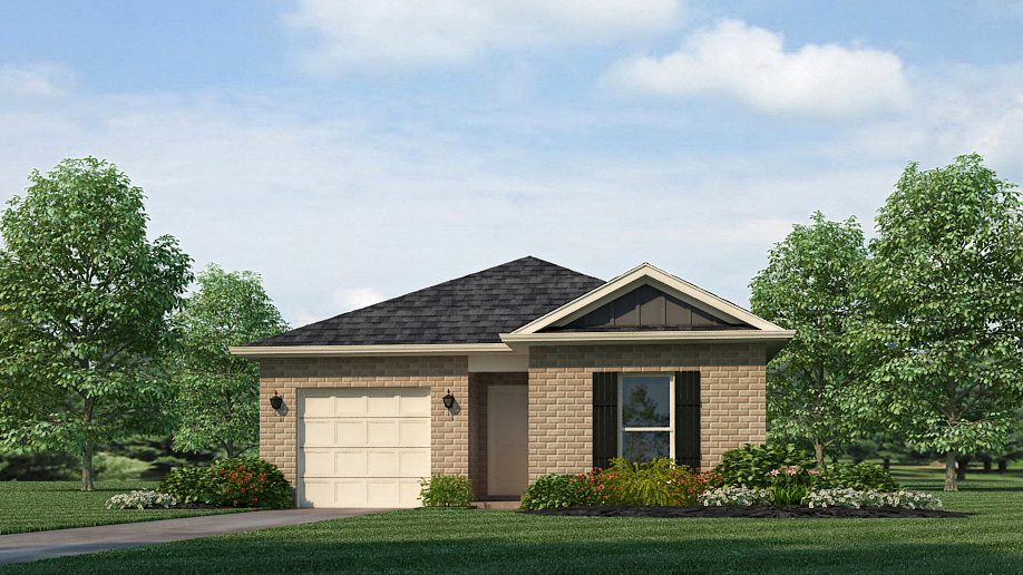 The Bowen rendering is a single story home with a one car garage.