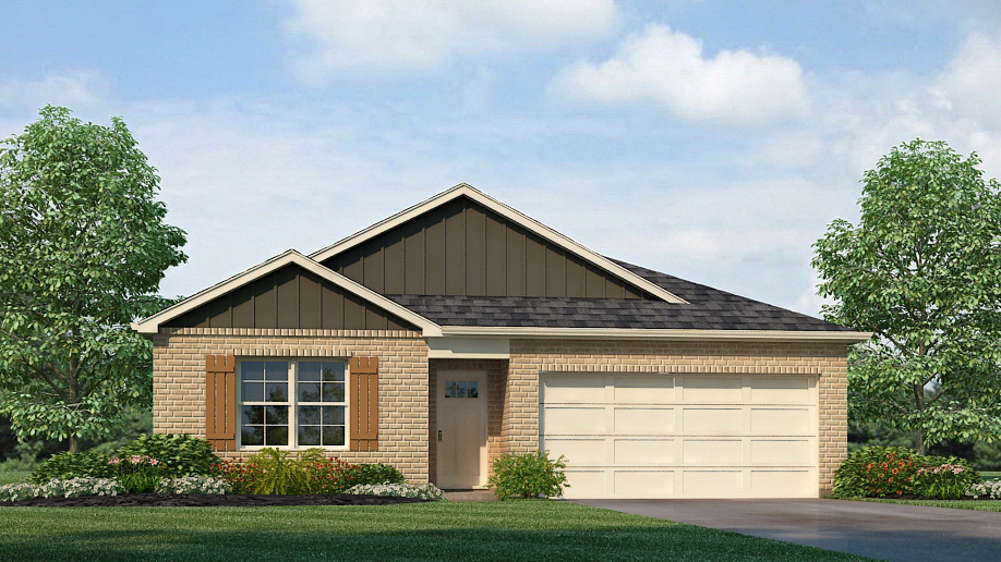 The Freeport rendering is a single story home and two car garage.