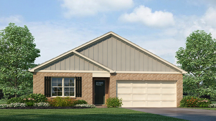 The Freeport rendering is a single story home and two car garage.