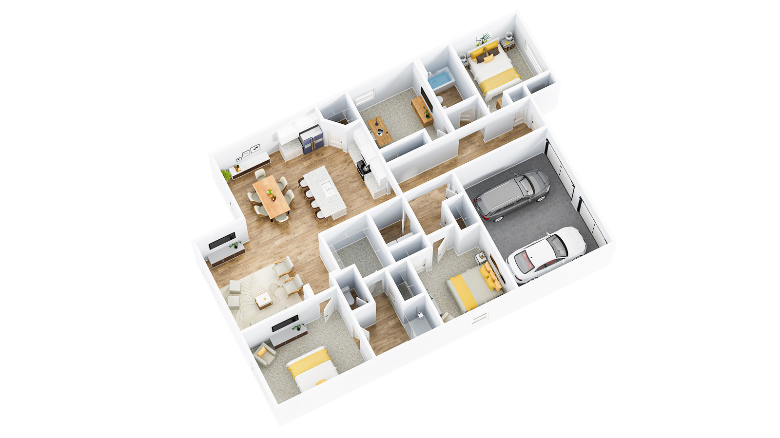 Cali-Floorplan-3D- Floorplan with furniture located throughout the home