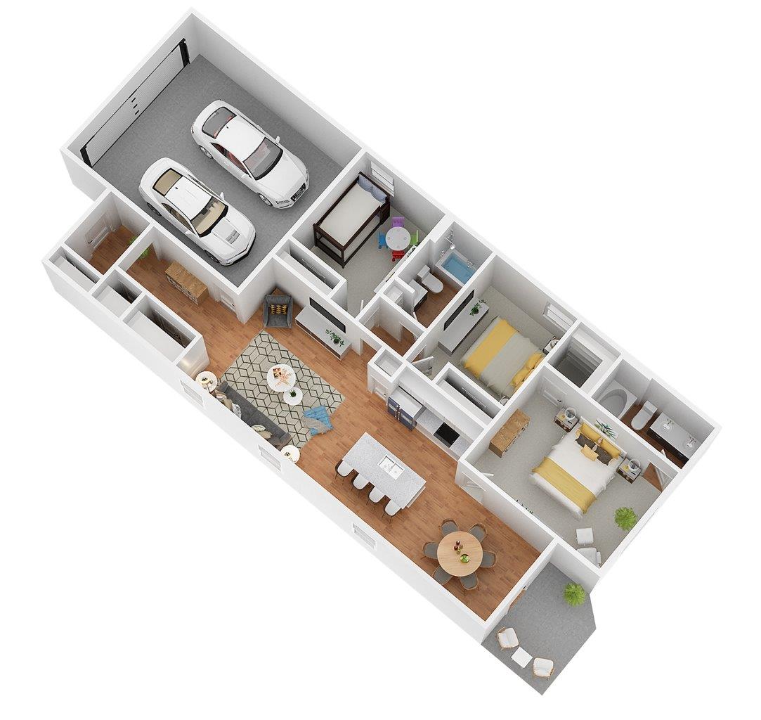Burke-3D-Floorplan with furniture located throughout the home