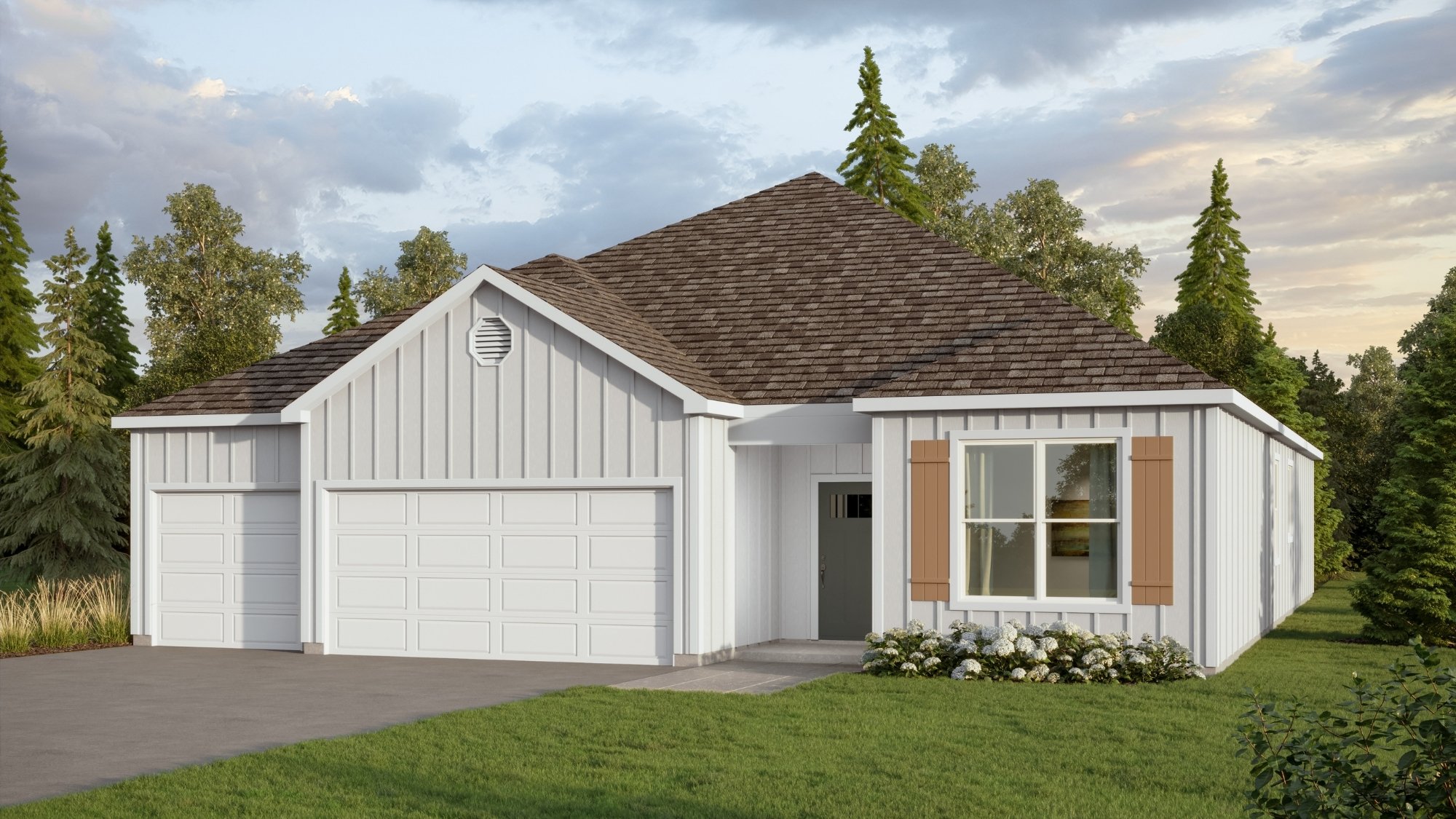 Rendering of Destin Plan with white paint, a three-car garage and scenic front yard.