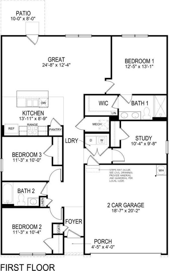 Rendering of our Freeport plan offering 4 bedrooms and 2 bathrooms spread across 1,497 square feet all on one level, and a two-car garage for your convenience.