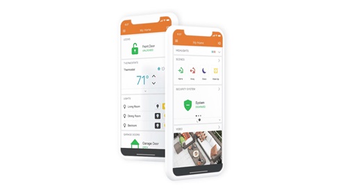 Smart Home Package- Visual of two smartphones featuring the Alarm.com app. Picture of the doorbell cam associated with the alarm.com app, black sleek doorbell cam. Picture of an amazon echo pop with blue light signaling Alexa. Picture of a Deako brand smart light switch. Image of a smart thermostat system on a wall. Image of a Kwikset branded locking mechanism. A collective image of the entire smart home package with the previous images. Disclosure that reads: Note: Pictures depict a similar completed home floorplan and elevation, but it is not the actual home for sale. Features, colors, finishes & options may differ from what’s shown.