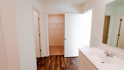Spacious bathroom featuring a modern sink and open closet with organized storage options.