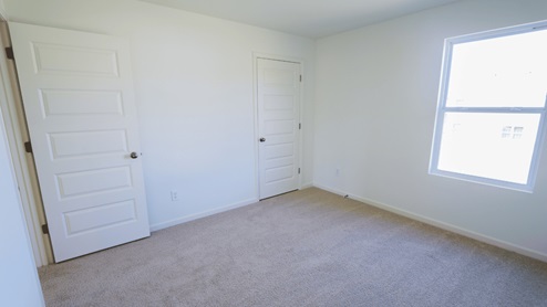 Empty bedroom featuring two doors and a window, showcasing beige carpet and white walls for a minimalist look.