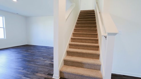 Carpeted staircase leading to an upper level with natural light from a window and spacious, empty room visible.