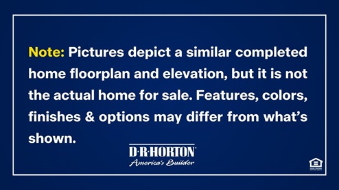 Smart Home Package- Visual of two smartphones featuring the Alarm.com app. Picture of the doorbell cam associated with the alarm.com app, black sleek doorbell cam. Picture of an amazon echo pop with blue light signaling Alexa. Picture of a Deako brand smart light switch. Image of a smart thermostat system on a wall. Image of a Kwikset branded locking mechanism. A collective image of the entire smart home package with the previous images. Disclosure that reads: Note: Pictures depict a similar completed home floorplan and elevation, but it is not the actual home for sale. Features, colors, finishes & options may differ from what’s shown.