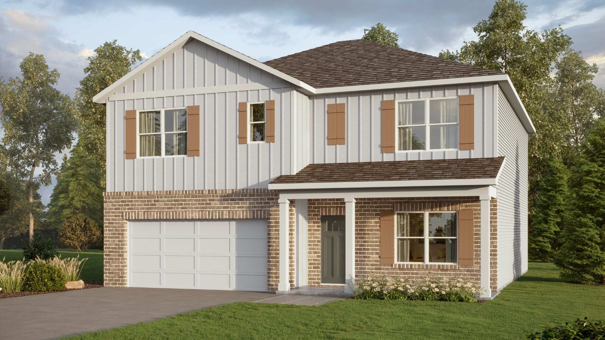 Rendering of our Carol plan with just over 2,500 square feet, this beautiful two- story home offers 5-bedrooms with 3-bathrooms, and a 2-car garage with a gorgeous open floor layout.