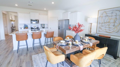 The Rhett plan is a well-designed single-level layout with 4 bedrooms and 2 bathrooms, encompassing 1,774 square feet for practical living. One standout feature of the Rhett plan is the seamless integration of the kitchen, breakfast area, and great room in an open concept layout, which is perfect for hosting guests. The kitchen is equipped with granite countertops, stainless steel appliances, and a pantry for added convenience and modern style. The spacious Living Area features trey ceilings and leads to a shaded covered patio, creating a welcoming space for relaxation and entertaining. Bedroom One suite offers a private retreat with trey ceilings, a luxurious shower, separate garden tub, double marble vanity, private water closet, and a large walk-in closet for added comfort and luxury. For convenience and storage, the plan includes a two-car garage and a laundry room. In addition to Bedroom One suite, there are 3 other bedrooms and another full bathroom, providing ample space for family and guests. Furthermore, the home comes with a one-year builder's warranty, ensuring peace of mind for the new homeowners. Furthermore, every home is accompanied by a one-year builder's warranty to provide you with added peace of mind. It's important to note that our smart home technology package is included as part of your new home. The Smart Home Technology Package we offer is designed for effortless use and provides unmatched convenience, allowing you to easily control various essential features with just a simple touch. Some of the features of this package include lighting automation, an IQ panel, a video doorbell, keyless front door entry, and the ability to manage the temperature from the comfort of your phone. Give us a call and schedule your personal guided tour of the Rhett today!