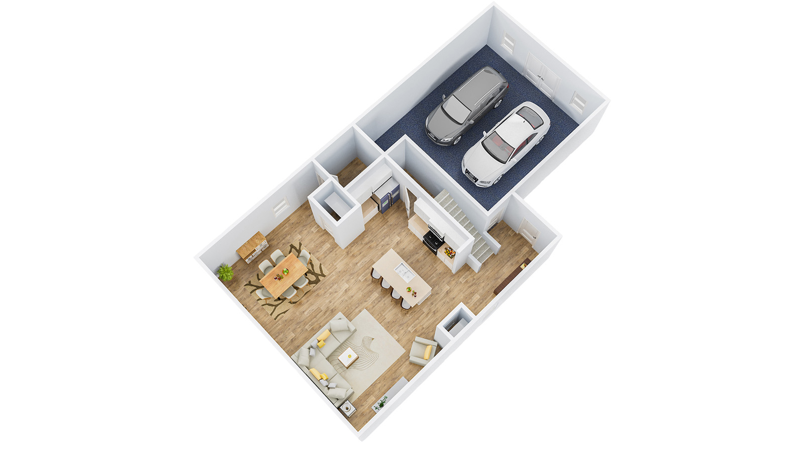 A 3-d view of the first floor of the Elston floorplan.
