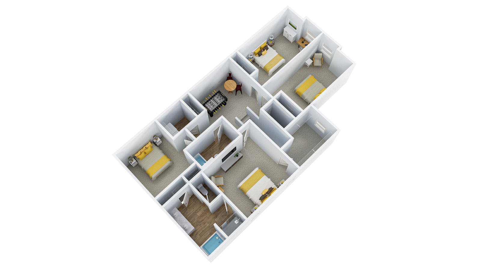 A 3-d view of the second floor of the Elston floorplan.
