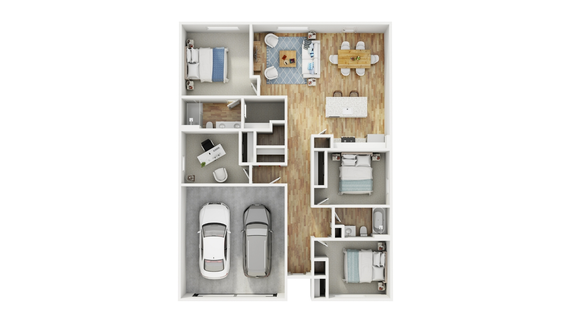 Our Freeport plan offers 4 bedrooms and 2 bathrooms spread across 1,497 square feet all on one level, and a two-car garage for your convenience.