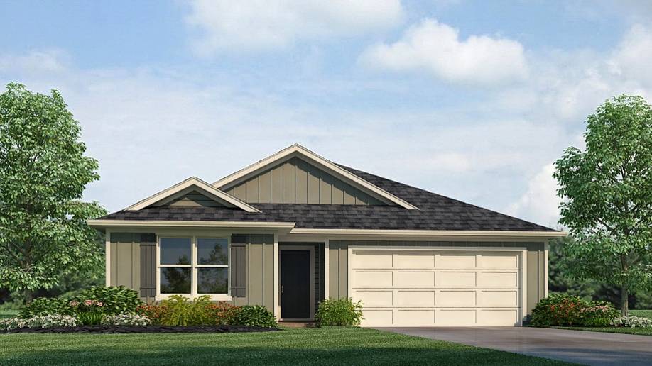 Rendering of the Lakeside plan featuring a luxurious 5-bedroom, 3-bathroom residence with a two-car garage.