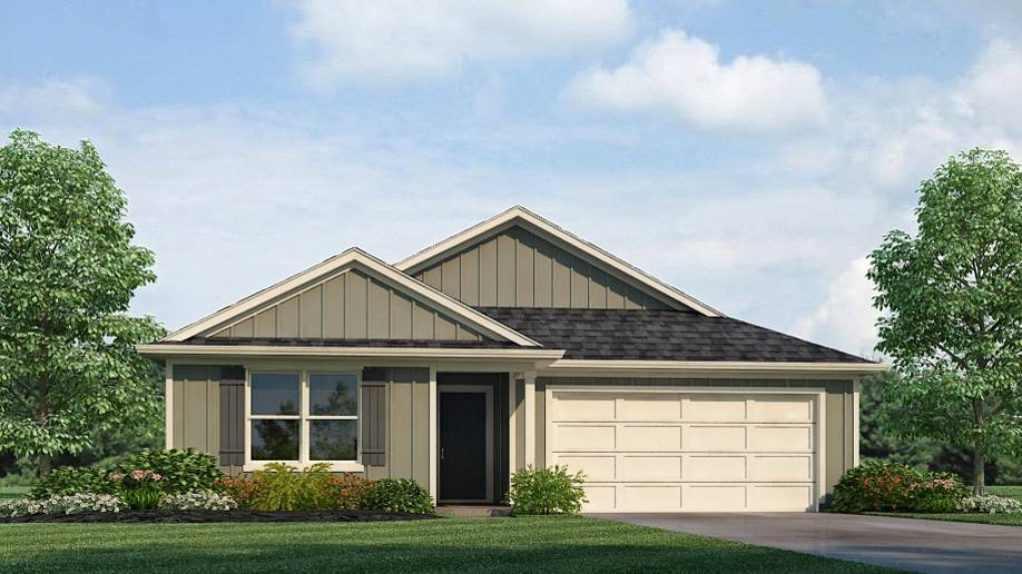 Rendering of the Lakeside plan featuring a luxurious 5-bedroom, 3-bathroom residence with a two-car garage.