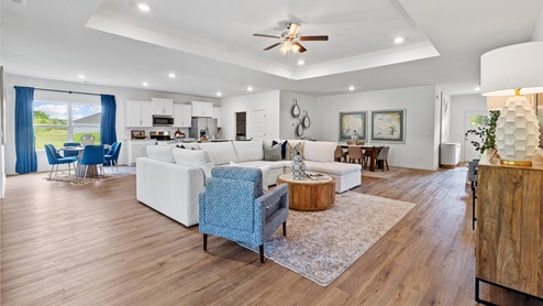 Welcome to the Destin Plan, a beautiful 4 bed, 3 bath home with a spacious covered patio and a 3-car garage – all on one level. Sitting just under 2,300square feet, this home offers a large breakfast nook, a separate dining area, and a large living area making a very comfortable open design for easy entertaining. In the kitchen, you will find a large island bar and a corner pantry. As you enter the home, you are met with an inviting open floor plan with direct access to your living, dining and kitchen areas, a full guest bathroom, and the 2nd and 3rd secondary bedrooms. Immediately on either side you will have access to your three-car garage, perfect for multiple vehicles, and storage. Privately tucked away in this area is also the additional 4th bedroom, ideal for guest stays or a private office. Opposite the back end of the home will be your spacious, luxurious primary bedroom with full access to a walk-in closet, a large primary bathroom hosting a double vanity, tub and a shower. Coming back to the center of the home, you will find the stunning open layout of the living area and beautiful kitchen. The kitchen includes granite countertops, stainless steel appliances, stylish shaker cabinetry, and a center island perfect for additional seating. With natural light and nearby covered patio access, the living and dining area are integrated perfectly to complete this relaxing atmosphere. Enjoy easy maintenance in your home with our luxury vinyl plank flooring. In addition to all the features and amenities our Destin Plan offers, each home is built with our Smart Home technology package, designed to bring the ease and convenience of life right to your fingertips. As a most popular favorite, this plan is ideal for any size family. Call to schedule your personal guided tour of the Destin today!