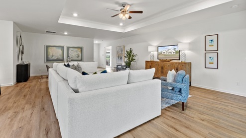 Welcome to the Destin Plan, a beautiful 4 bed, 3 bath home with a spacious covered patio and a 3-car garage – all on one level. Sitting just under 2,300square feet, this home offers a large breakfast nook, a separate dining area, and a large living area making a very comfortable open design for easy entertaining. In the kitchen, you will find a large island bar and a corner pantry. As you enter the home, you are met with an inviting open floor plan with direct access to your living, dining and kitchen areas, a full guest bathroom, and the 2nd and 3rd secondary bedrooms. Immediately on either side you will have access to your three-car garage, perfect for multiple vehicles, and storage. Privately tucked away in this area is also the additional 4th bedroom, ideal for guest stays or a private office. Opposite the back end of the home will be your spacious, luxurious primary bedroom with full access to a walk-in closet, a large primary bathroom hosting a double vanity, tub and a shower. Coming back to the center of the home, you will find the stunning open layout of the living area and beautiful kitchen. The kitchen includes granite countertops, stainless steel appliances, stylish shaker cabinetry, and a center island perfect for additional seating. With natural light and nearby covered patio access, the living and dining area are integrated perfectly to complete this relaxing atmosphere. Enjoy easy maintenance in your home with our luxury vinyl plank flooring. In addition to all the features and amenities our Destin Plan offers, each home is built with our Smart Home technology package, designed to bring the ease and convenience of life right to your fingertips. As a most popular favorite, this plan is ideal for any size family. Call to schedule your personal guided tour of the Destin today!