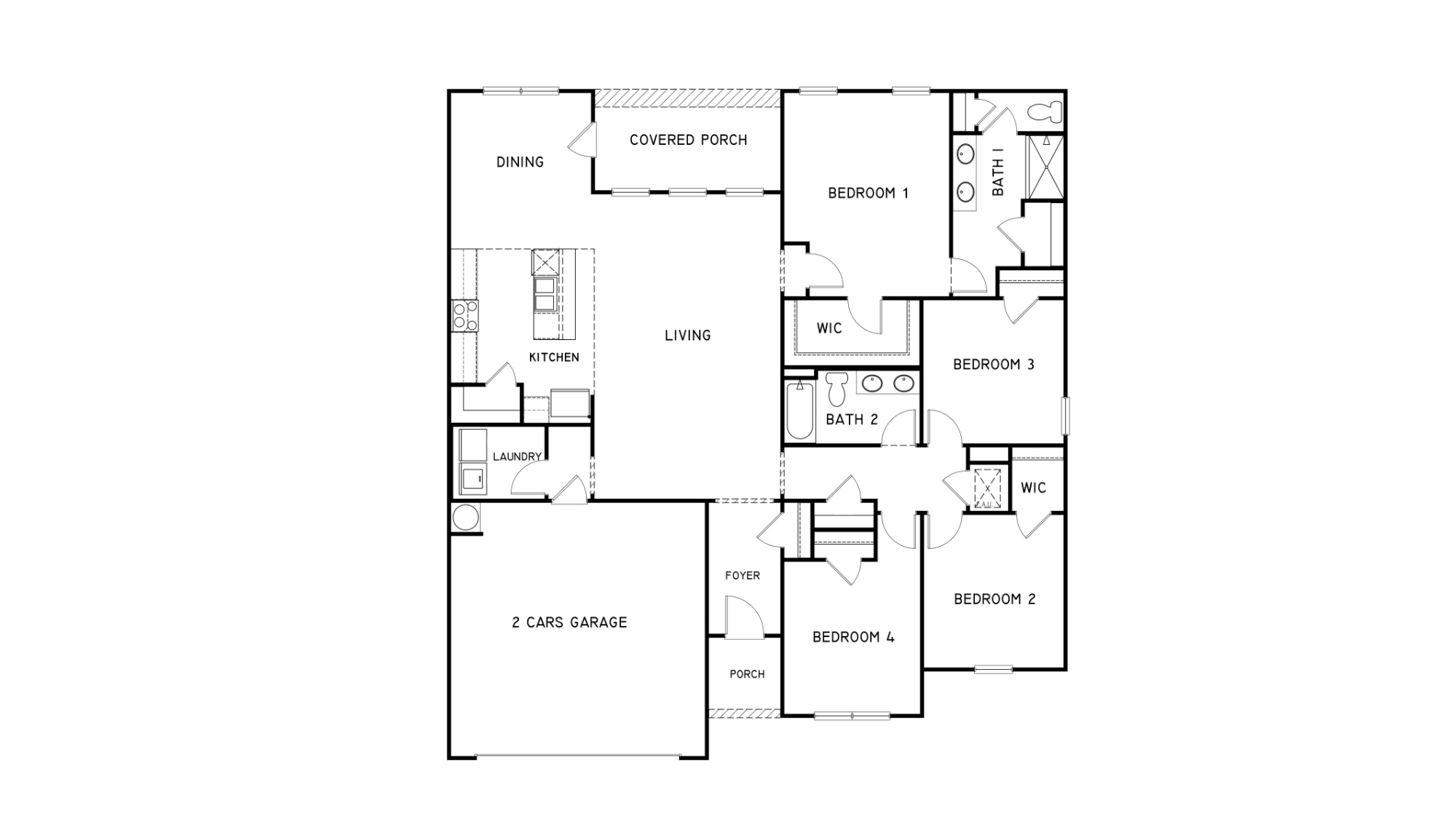 A top-down view of our Booth floorplan, which features 4 bedrooms and 2 bathrooms among 1,891 square feet.