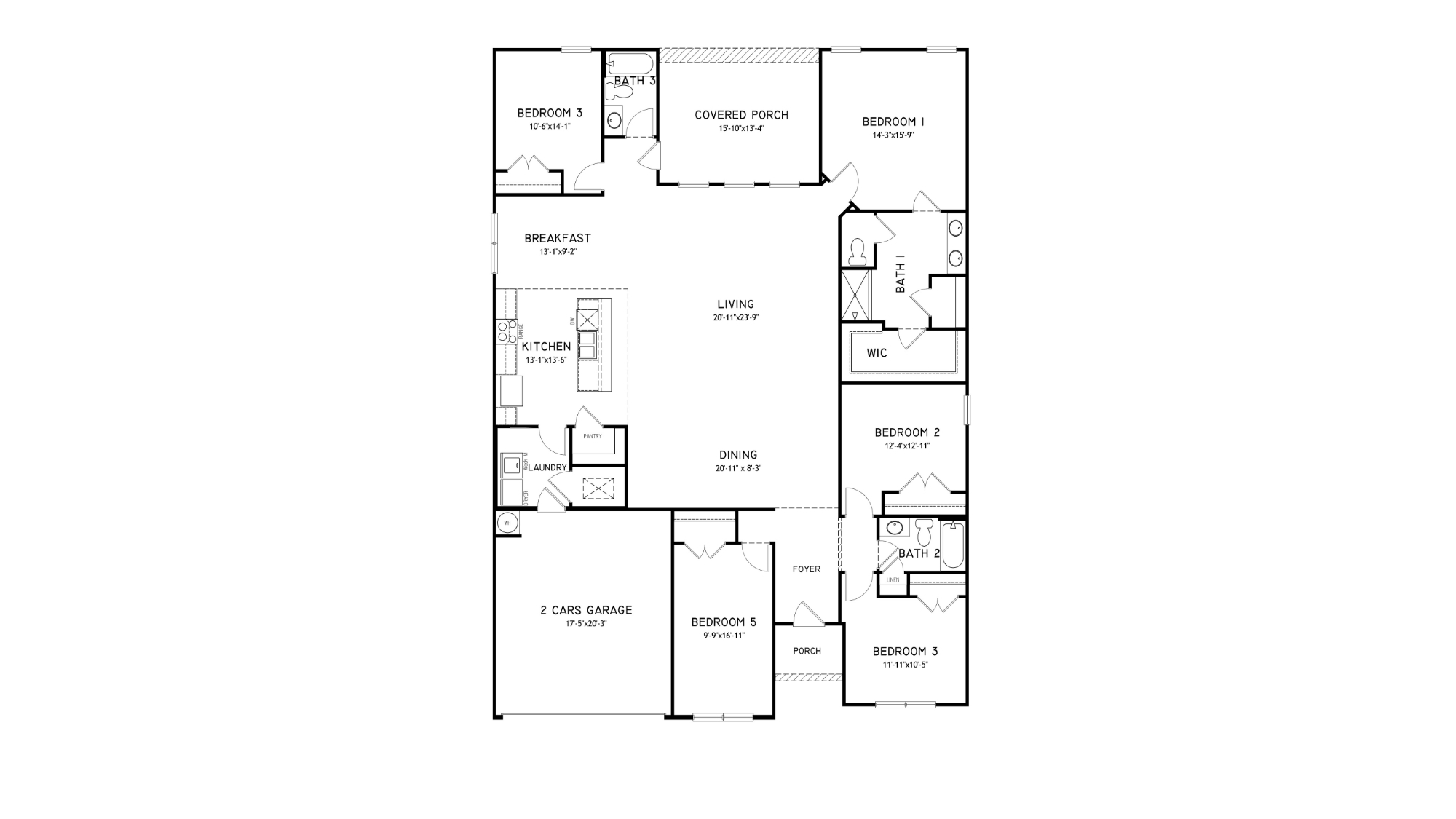 The Sawyer is a new favorite single-level plan hosting 5 bedrooms and 3 bathrooms, featuring a unique 2,481 square feet of open floorplan style living space. The Sawyer Plan offers a spacious covered patio and a 2-car garage – all on one level. Sitting just under 2,500 square feet, this home comes with a large breakfast nook, a separate dining area, and a large living area making a very comfortable open design for easy entertaining. In the kitchen, you will find a large island bar and a corner pantry.   As you enter the home, you are met with an inviting open floor plan with direct access to your living, dining and kitchen areas, a full guest bathroom, and the second, third, and fourth bedrooms. Immediately on either side you will have access to your two-car garage, perfect for multiple vehicles, and storage. Privately tucked away in this area is also the additional fifth bedroom, ideal for guest stays or a private office. Opposite the back end of the home will be your spacious, luxurious primary bedroom with full access to a walk-in closet, a large primary bathroom hosting a double vanity, and a shower.    Coming back to the center of the home, you will find the stunning open layout of the living area and beautiful kitchen. The kitchen includes granite countertops, stainless steel appliances, stylish shaker cabinetry, and a center island perfect for additional seating. With natural light and nearby covered patio access, the living and dining area are integrated perfectly to complete this relaxing atmosphere. Enjoy easy maintenance in your home with our luxury vinyl plank flooring. In addition to all the features and amenities our Sawyer Plan offers, each home is built with our Smart Home technology package, designed to bring the ease and convenience of life right to your fingertips. As a most popular favorite, this plan is ideal for any size family. Call to schedule your personal guided tour of the Sawyer plan today!