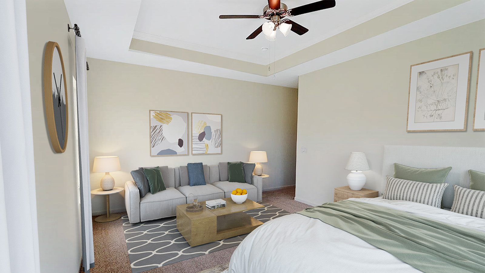 The primary bedroom is spacious enough to allow for a seating area.