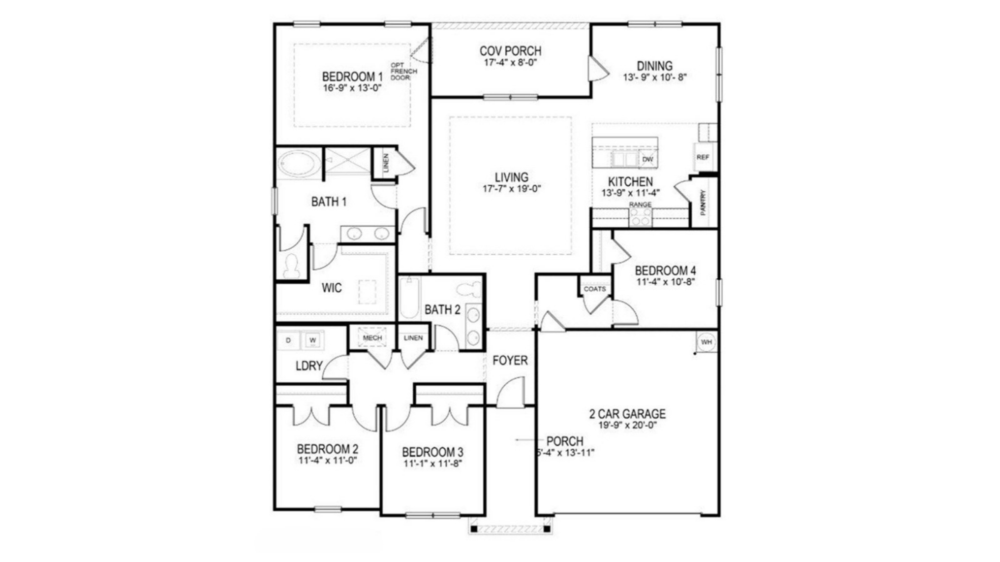 Explore this detailed first-floor layout featuring four bedrooms, a spacious kitchen, and a two-car garage for your dream home plans.