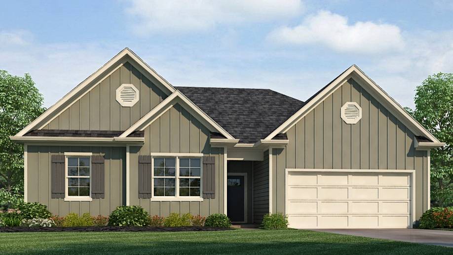 Rendering of our Clayton Plan featuring a single-level plan with 4 bedrooms and 2 bathrooms, offering 2,107 square feet of living space.