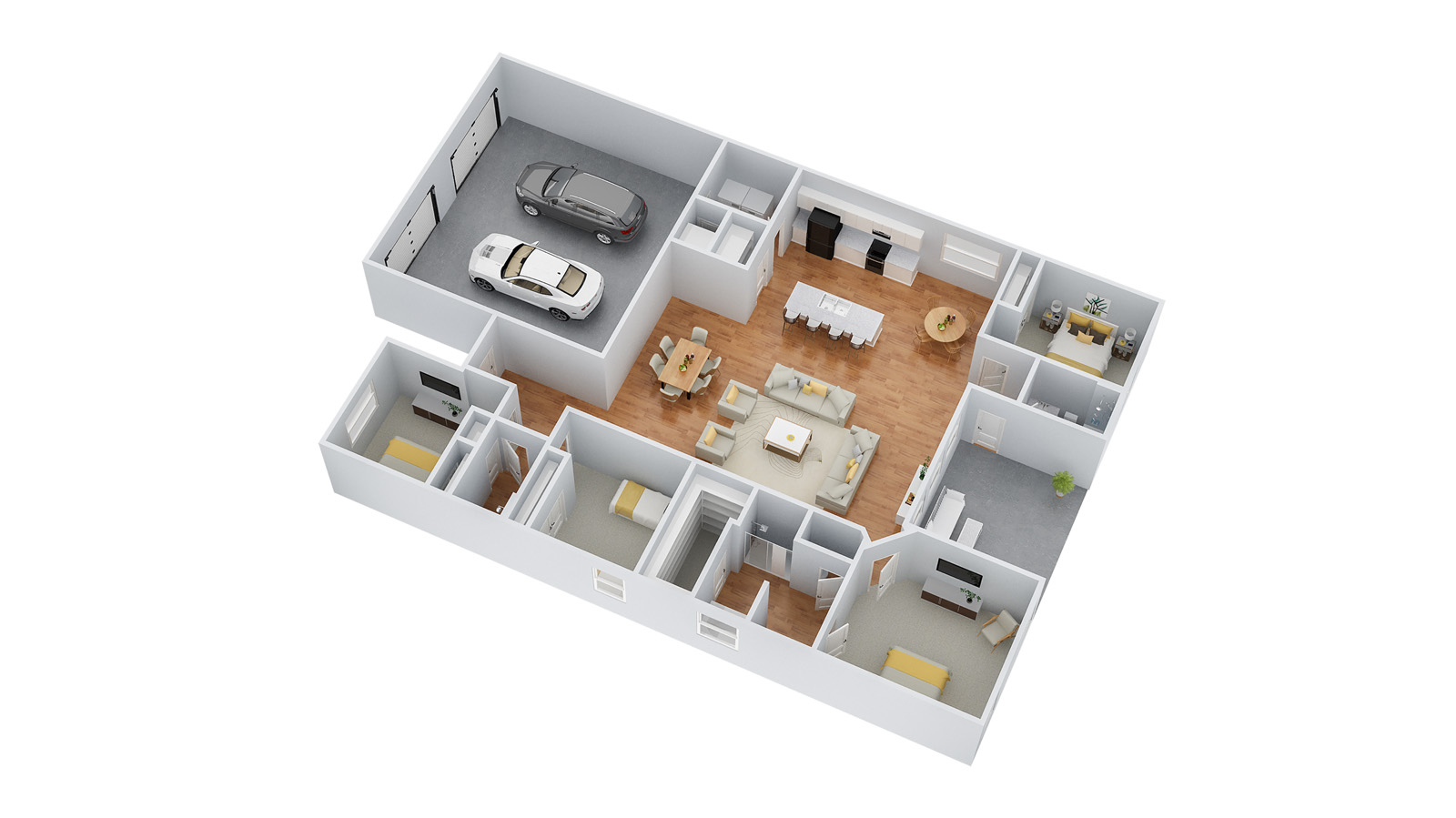 Destin-Floorplan -  3D Floorplan with furniture located throughout the home